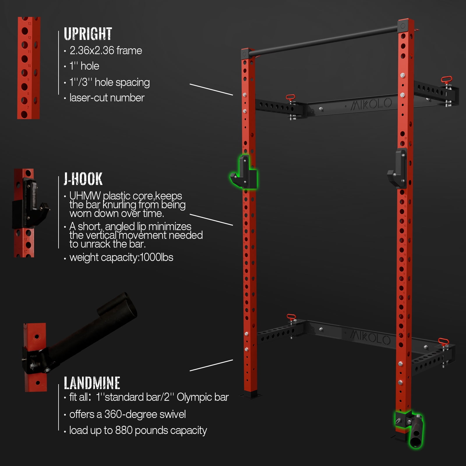 Mikolo Folding Power Rack Cage,1000lbs Capacity Wall Mounted Squat Rack with 8 Square Foot, Space Saving Home Gym Equipment with 1500LBS Capacity Barbell Combo