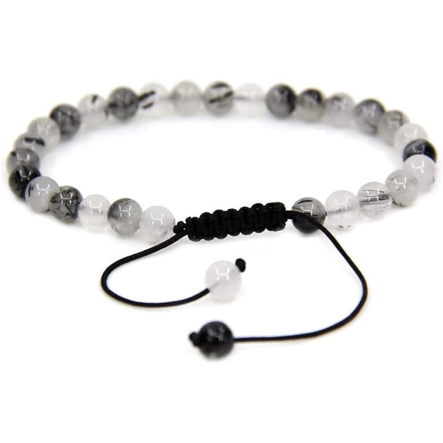 Natural Black Rutilated Quartz Gemstone 6mm Round Beads Adjustable Bracelet 7" Unisex