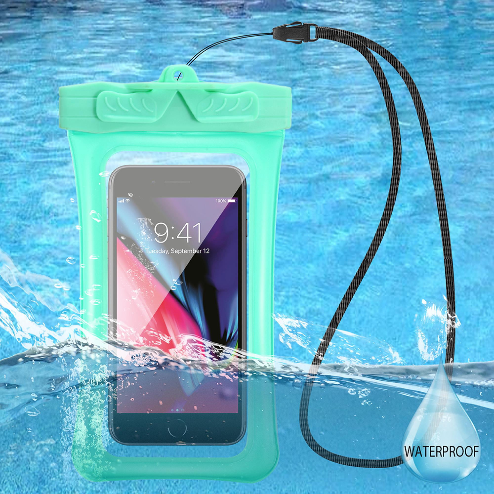 Women’s Summer Beach Essentials Set – Aqua Green Packable Wide Brim Straw Sun Hat with Ribbon Bow & Aqua Green Waterproof Phone Pouch with Lanyard