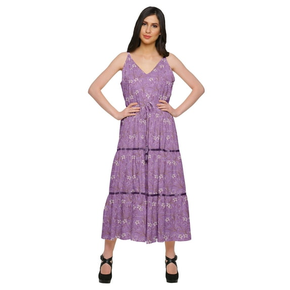 Moomaya Cotton V Neck Sleeveless Long maxi Dress Spaghetti Strap Casual Clothing