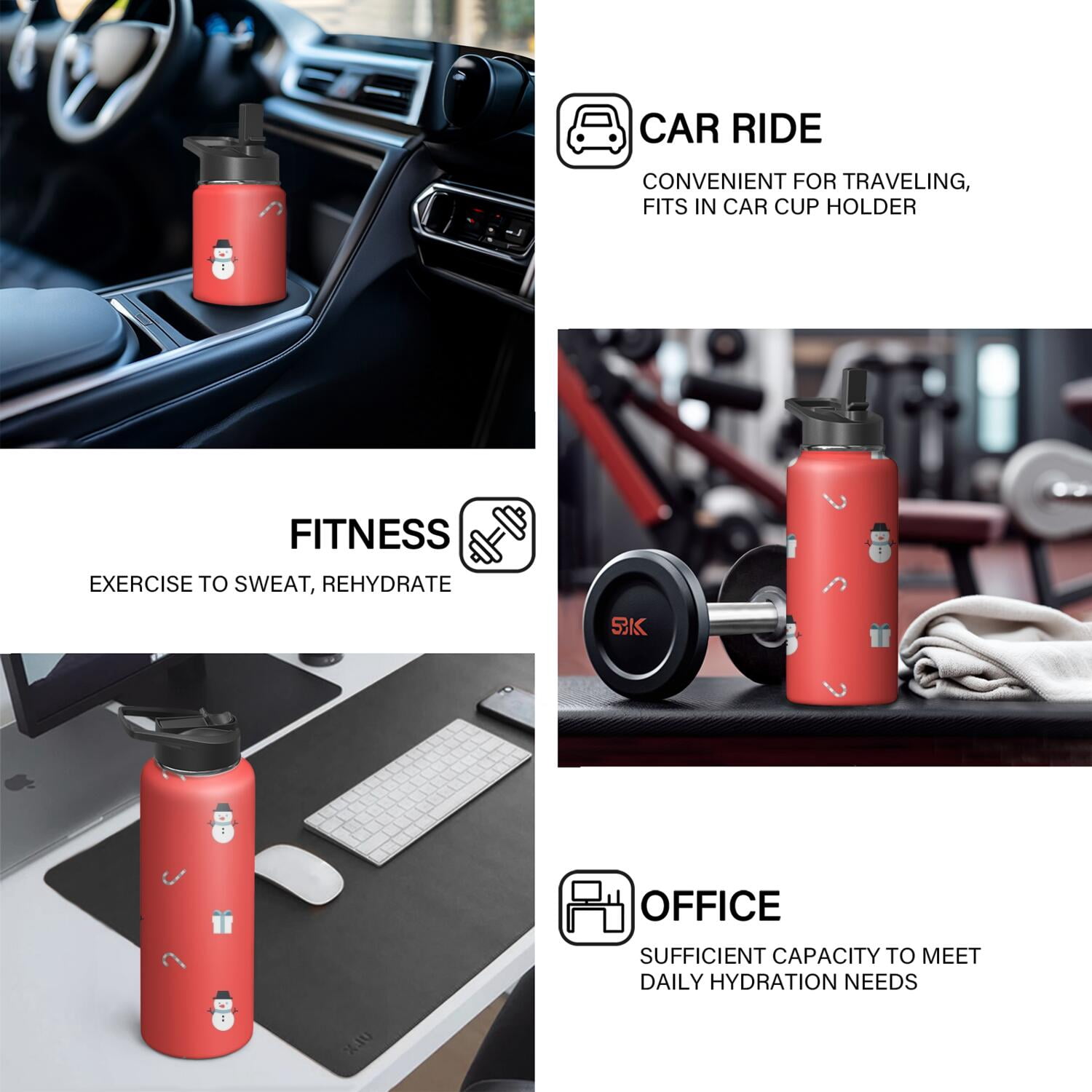 Christmas 18 oz Insulated Stainless Steel Water Bottle with Straw & Cleaning Brush , Leakproof, BPA-Free, 304 Stainless Steel, Wide Mouth, Travel Mug for Car, Gym, Office