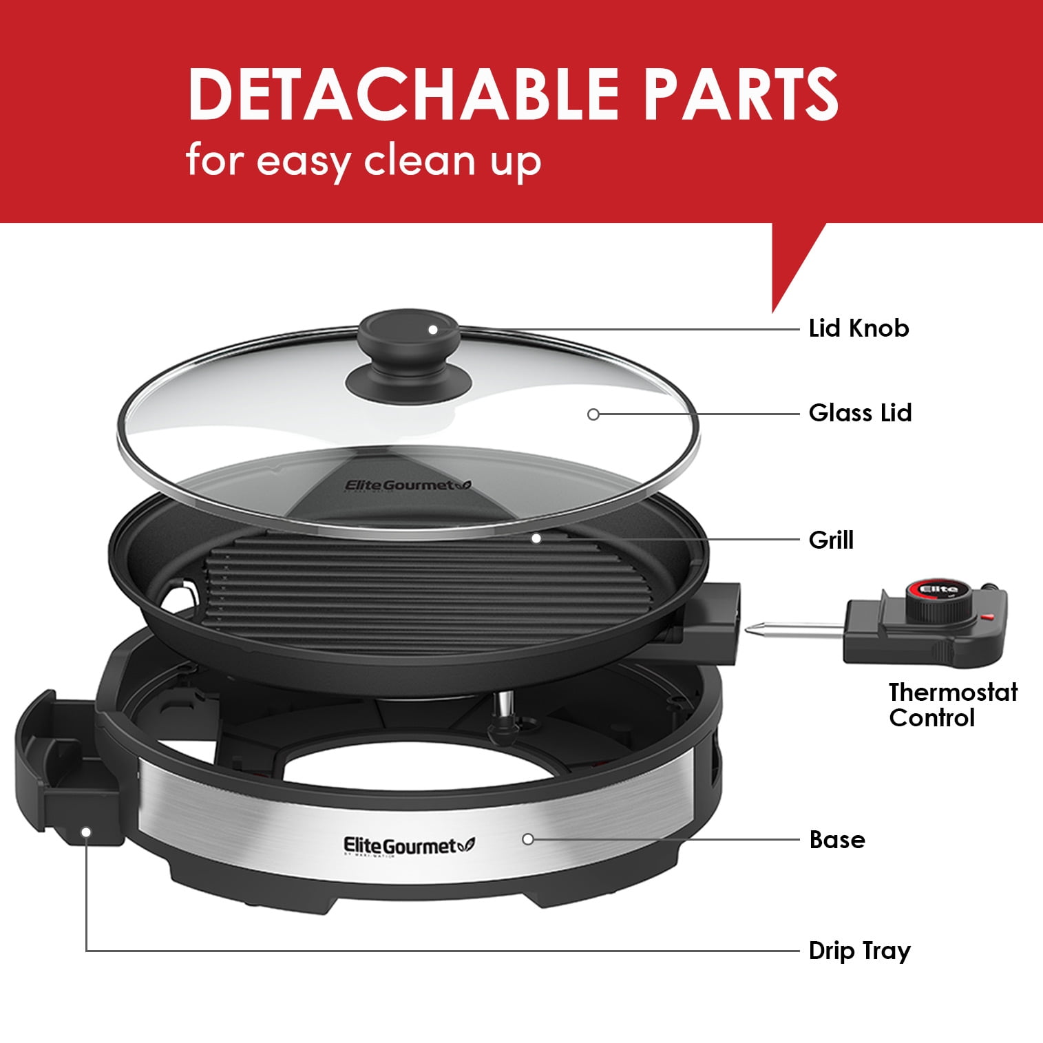 Elite Gourmet 12” Deluxe Indoor Grill with Tempered Glass Lid, Stainless Steel