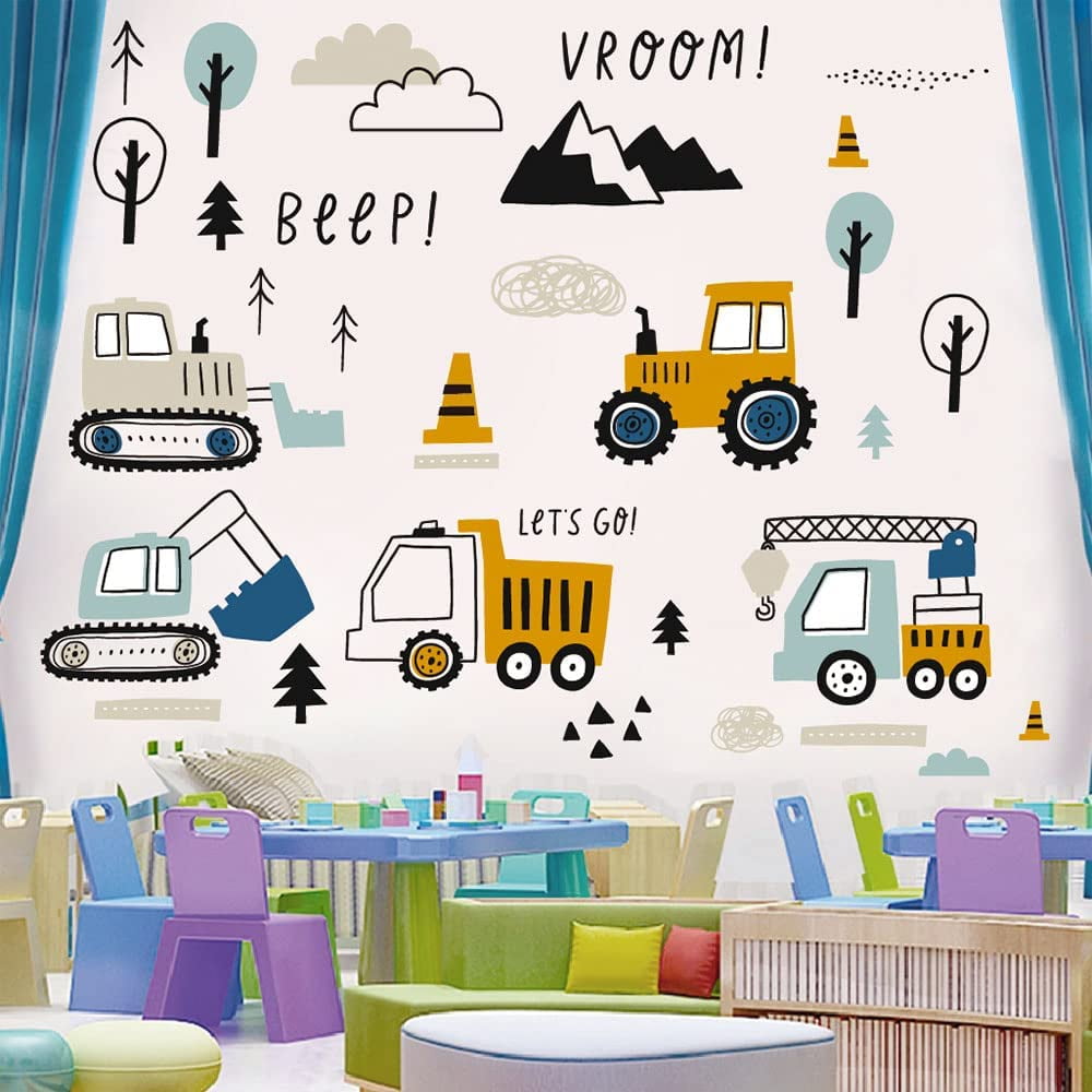 STONCEL 37 pcs Cartoon Bulldozer Digger Wall Stickers, Adorable Baby Boys Room Decor, Hand-painted Style Crane Truck Wall Decals for Bedroom Nursery, Construction Wall Murals Peel and Stick (37PCS)