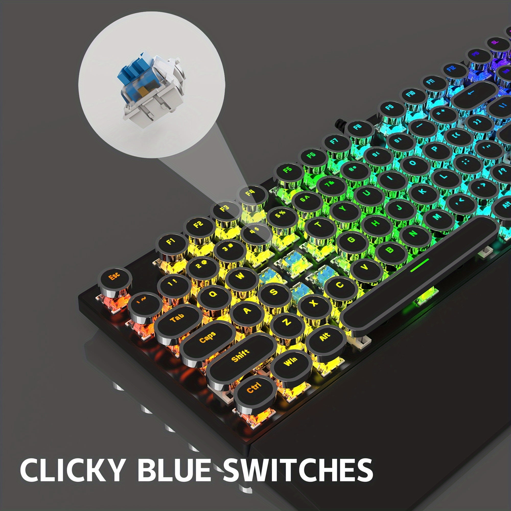 MageGee tri-mode BT5.0/2.4G/Type-C Typewriter Mechanical Gaming Keyboard Retro Punk Round Keycaps with RGB Rainbow Backlit Round key cap