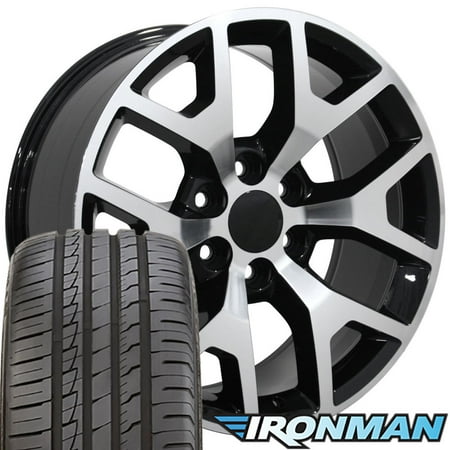 Gmc Sierra Tires - 22x9 Wheels & Tires Fit GM Trucks - 6 Lug GMC Sierra Style Black Machined Rims with Ironman Tires, Hollander 5656 - SET