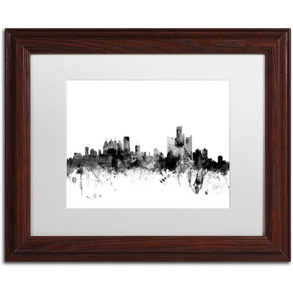 Trademark Fine Art "Detroit Michigan Skyline B&W" Canvas Art by Michael Tompsett, White Matte, Wood Frame