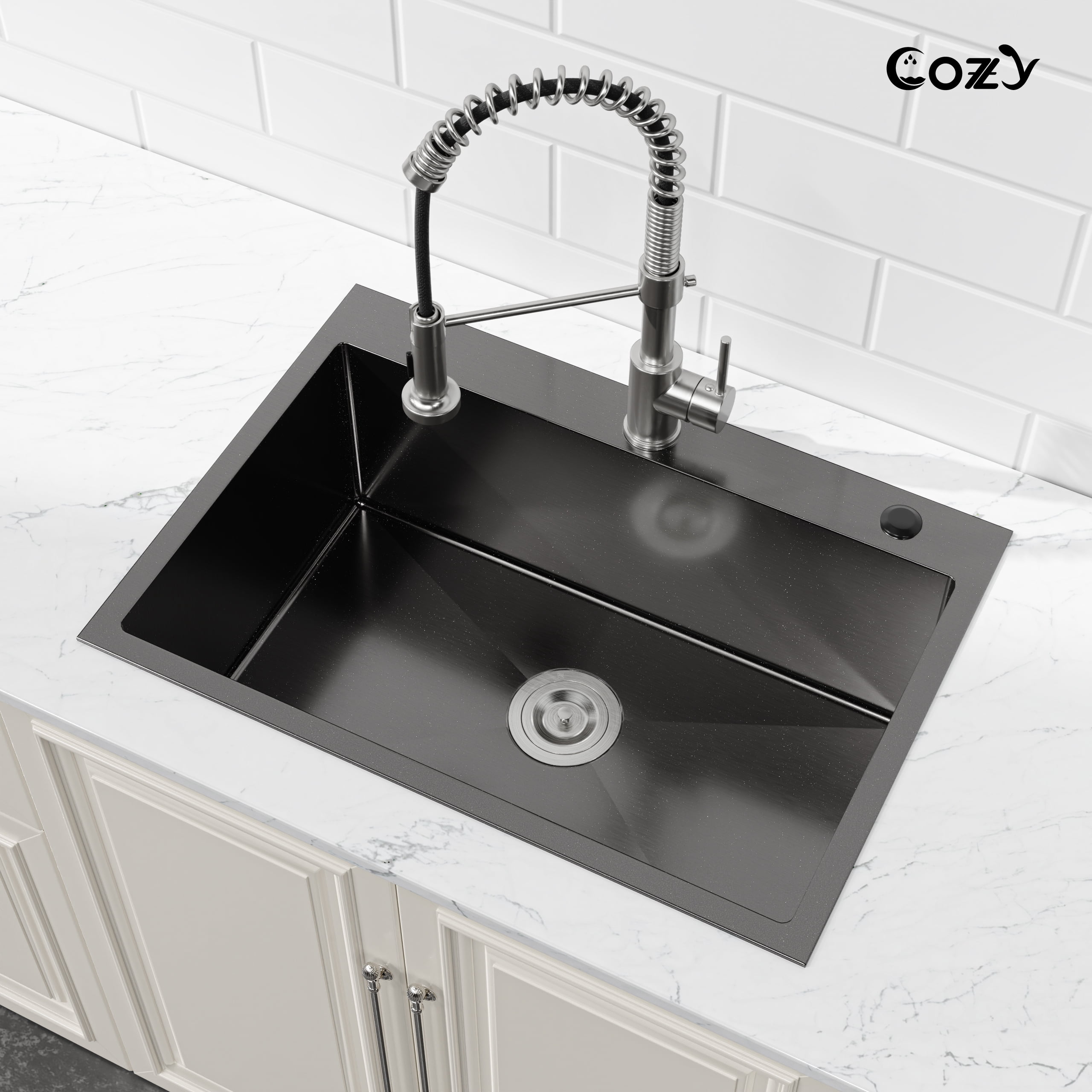 Stainless Steel Kitchen Sink, 27″x19″ Single Bowl, Overmount Handmade Sink in Black, with US Standard Drain and Hook, SS-BL02D-271908-2