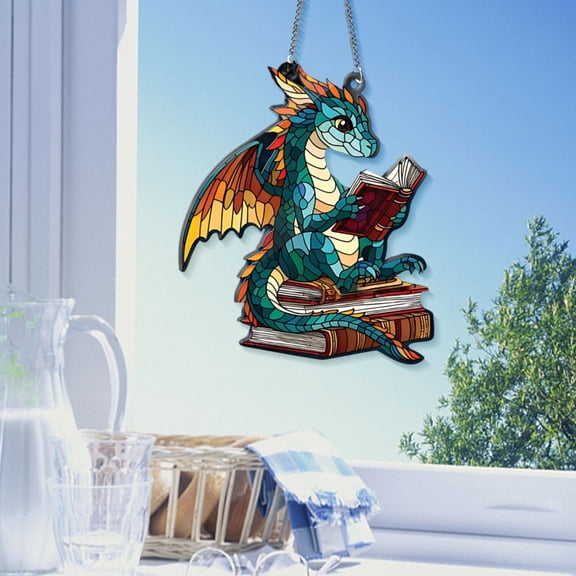 Under $10 Acrylic Woodland Dragon And Book Window Hanging Book Lover Gift Bookish Home Decor NOT Suncatcher Librarian Gift Dragon Book - C