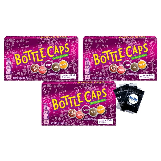 Bottle Cap Throwback Candy, 5 Oz 3 pack plus 3 My Outlet Mall Resealable Portable Storage