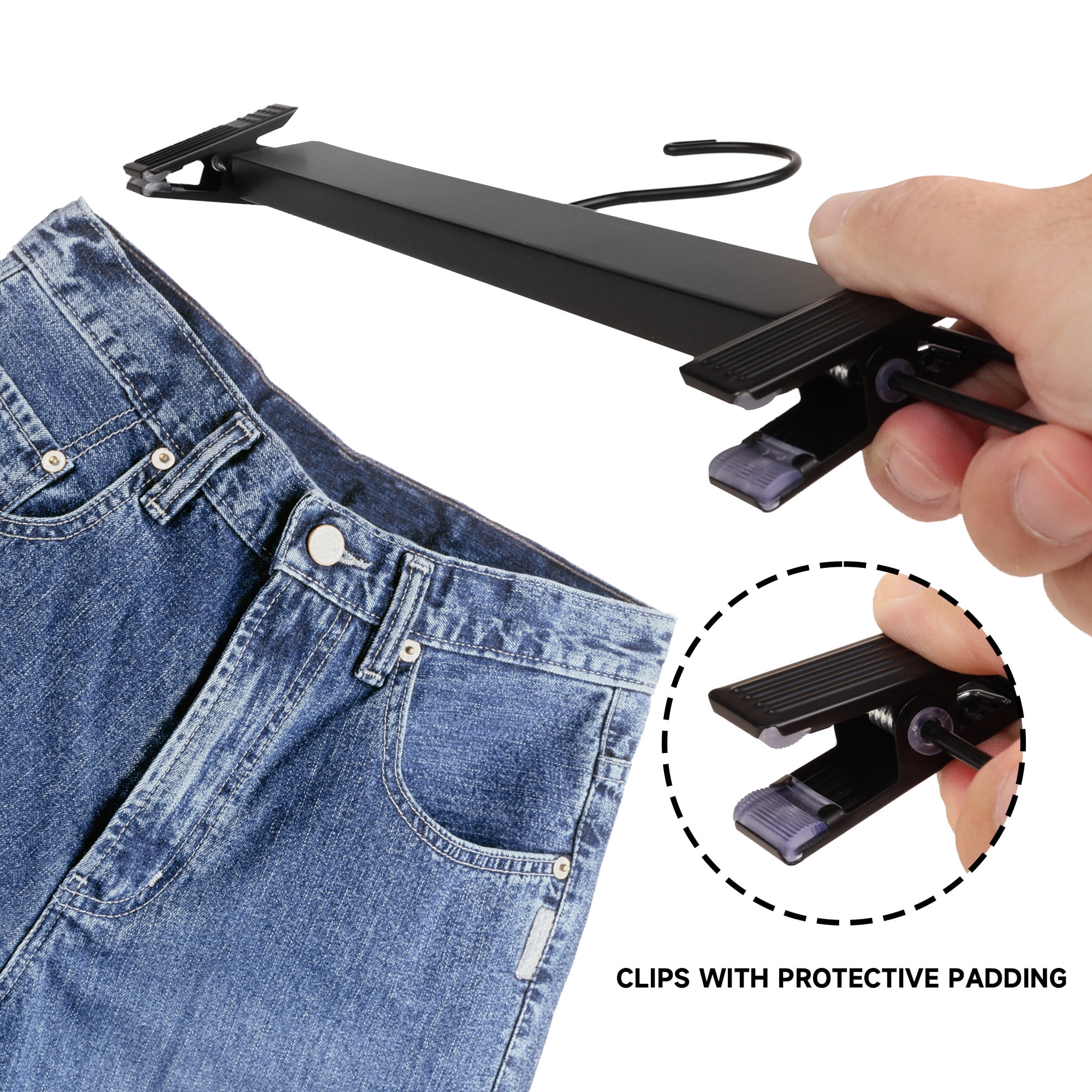 BP4U 24-Pack Premium Wooden Pants Hangers with Adjustable Clips, Heavy Duty Solid Wood Skirt Hangers, Non-Slip Trousers Bottom Hangers for Jeans, Slacks, Dresses(Black)