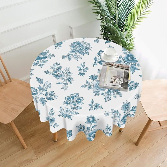 RKSupls 60 Inch Round Tablecloth, Blue Chintz Floral Pattern Premium Polyester Straight Edge Wrinkle Resistant Washable Table Cover for Party Home Dining Decor