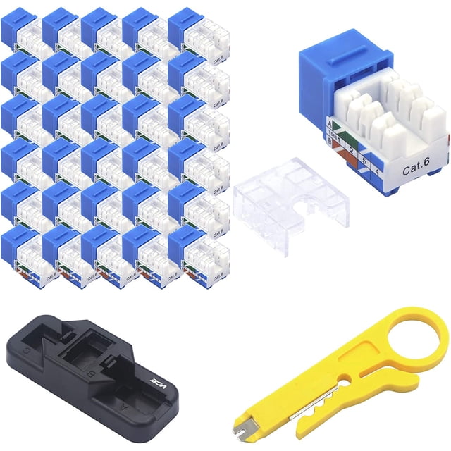 VCE Lot de 50 Inserts de Cric Cat6 RJ45, Ethernet 90 Degrés UTP Cat 6, Cat5, Cat5e Support à Clés