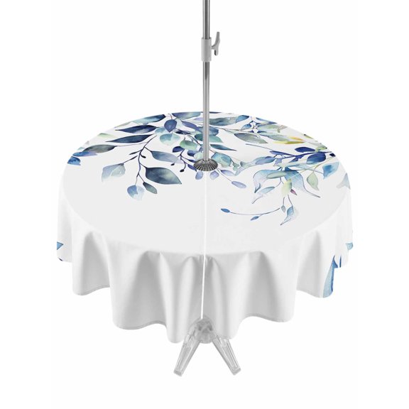 Outdoor Table Cloth with Umbrella Hole and Zipper, Blue Teal Eucalyptus Leaves Waterproof Round Tablecloth 60 Inch, Watercolor Weeping Botanical Washable Table Cover for Outside Party Patio Picnic