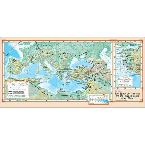 Early Spread of Christianity and The Seven Churches of Asia - Wall Map 36"x18" Laminated