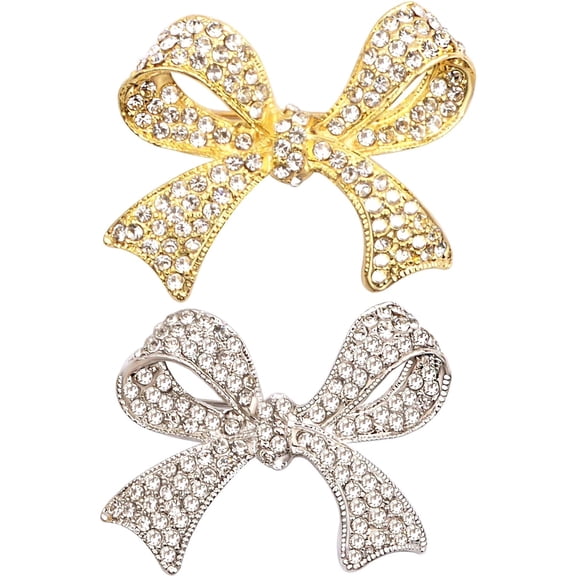 Rhinestone Bow Brooch Pins, 2‑Pack Vintage Sparkly Crystal Bowknot Lapel Pins, Gold & Silver Jewelry Accessories for Women, Wedding, Party, Gifts