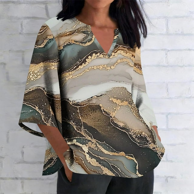 Xuyuer Women's 3/4 Length Sleeve Tops V Neck Casual Vacation Loose Fit S-5XL Ruffle Cuffs Shirts Dressy Flowy Tunic Tops Hawaiian Shirts Summer Floral Printed Shirt Casual Soft Tunic Tops