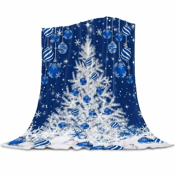 Winter Christmas Tree Flannel Blanket for Bed,Travel and Camping, Blue Christmas Ball Snowflake Super Soft Cozy Blanket for All Seasons 50" x 80"