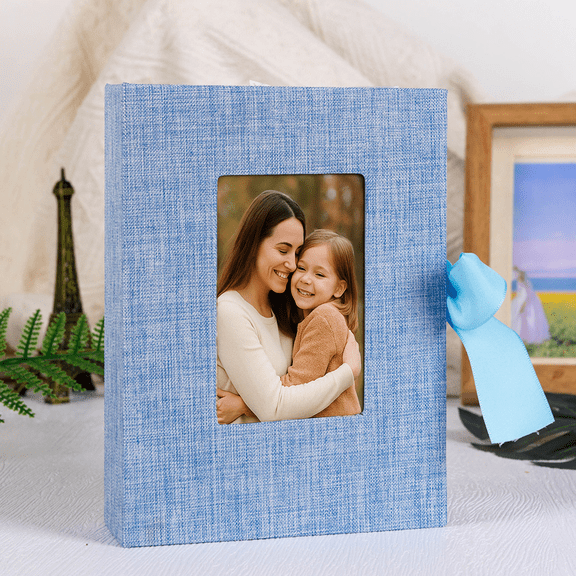 Linen Fabric Photo Album with Ribbon Closure & Display Window, Holds 4x6 Insert Photos, Hardcover Family Memory Book for Baby, Kids, Travel & Home Décor