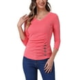 thumbnail image 1 of BLUSA RUCHADA PARA MUJERES CHIC DE INSPIRE, CON BOTONES, ESCOTE EN V, MANGA 3/4, TEJIDO SÓLIDO, TALLA M, ROJO SANDÍA, 1 of 5