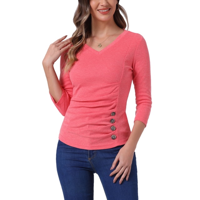 BLUSA RUCHADA PARA MUJERES CHIC DE INSPIRE, CON BOTONES, ESCOTE EN V, MANGA 3/4, TEJIDO SÓLIDO, TALLA M, ROJO SANDÍA