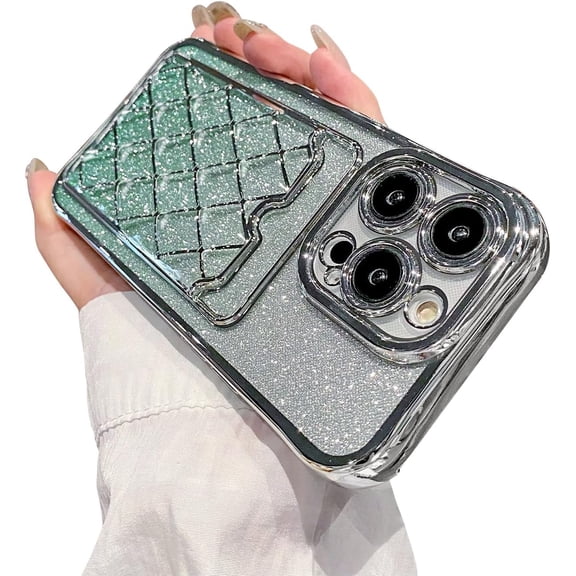 Compatible with iPhone 13 Case/iPhone 14 Case with Card Holder Luxury Glitter Cute Plating Clear Rhombus Design Aesthetic Women Girls Phone Cases Protection Shockproof Cover-Black