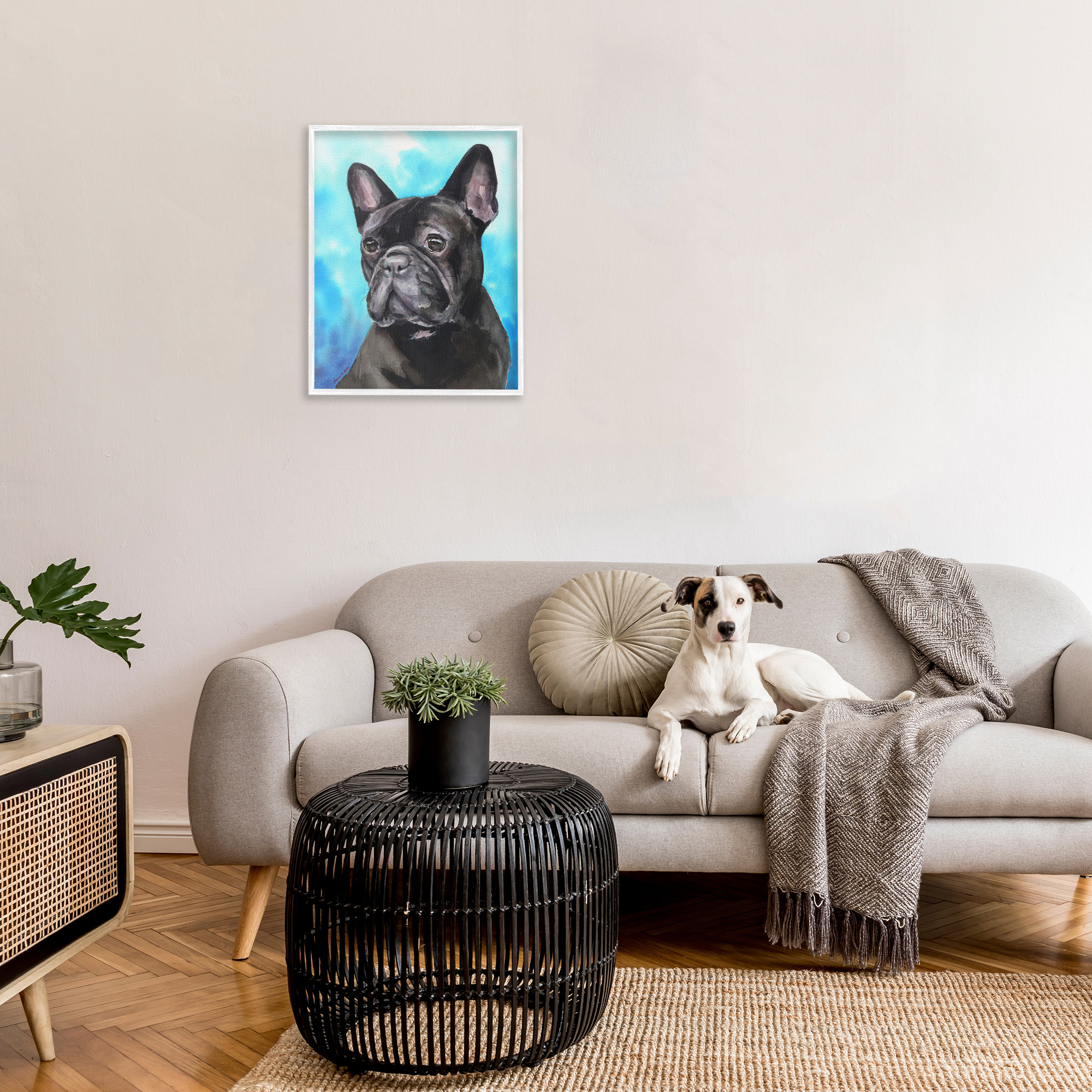 Stupell Industries French Bulldog on Blue Animals & Insects Painting White Framed Art Print Wall Art, 24 x 30