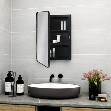 Black Plastic Medicine Cabinet with Round Corner Metal Framed Mirror Door, 16 x 22 inch Mirror,Recessed and Surface Mount Bathroom Medicine Cabinet
