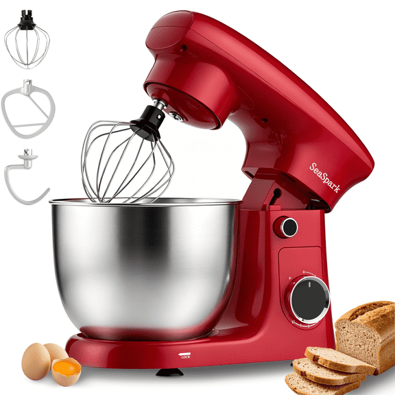SeaSpark 3-in-1 Stand Mixer, 5.5 QT Tilt-Head 10-Speed Electric Stand Mixer, Food Mixer with Dough Hook, Beater, Whisk, Red
