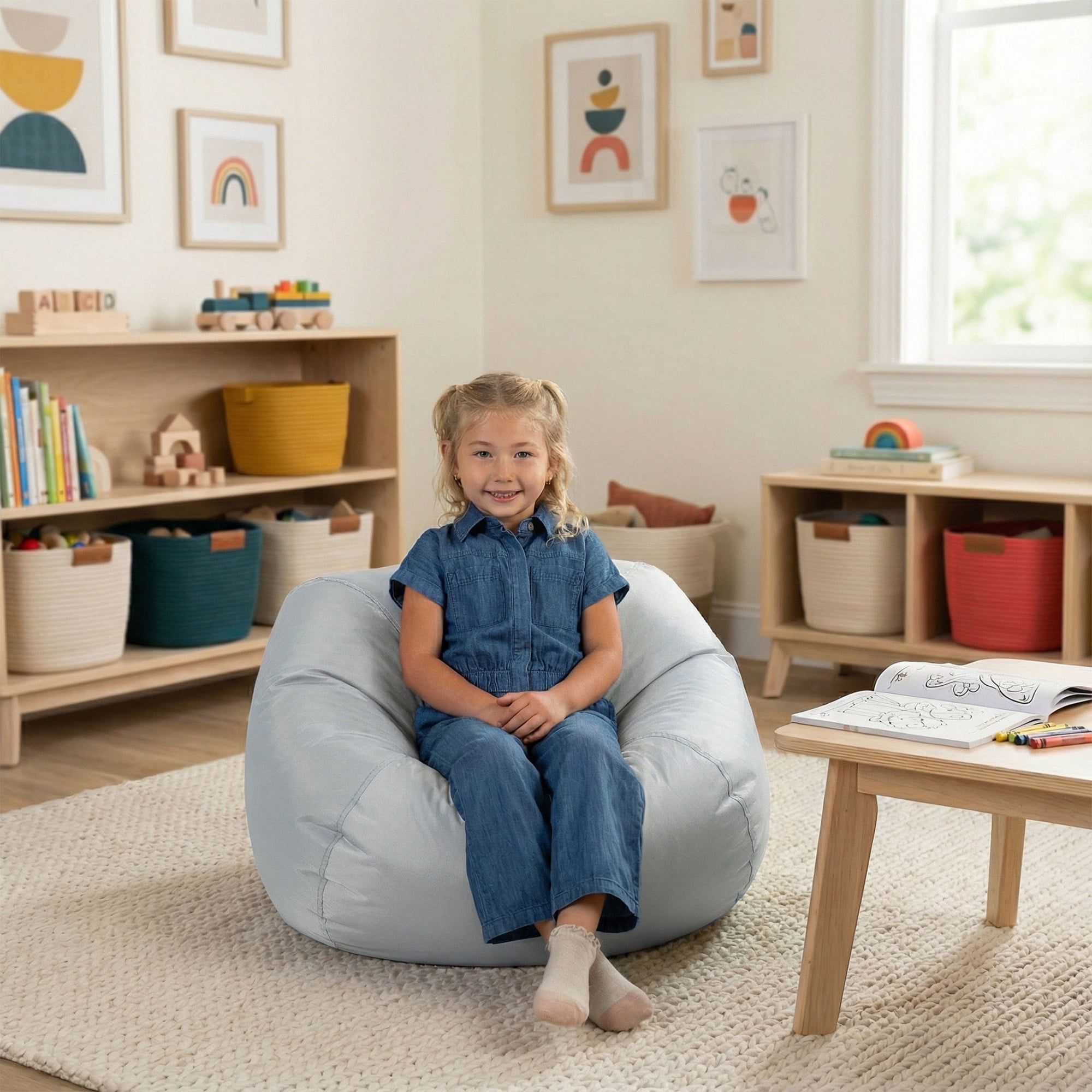 Big Joe Classic Kids Bean Bag Chair, 2 ft Round, Gray, Easy-Clean SmartMax Fabric, Refillable with Built-in Handle