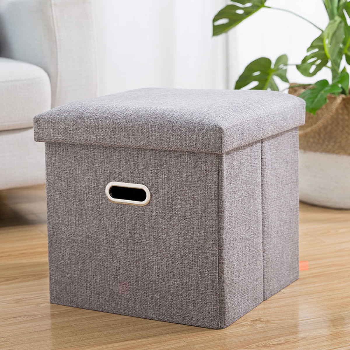 Natural Tufted Padded Seating Simplify Linen Folding Storage Ottoman Bench Double Toy Box Chest Stool Foot Rest