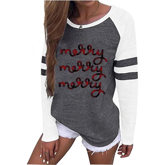 T-Shirt de Baseball à Blocs de Couleur pour Femmes Noël Décontracté à Manches Longues