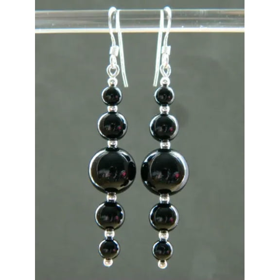 K-KED Black Onyx Graduating Round 4-10MM Gem Stones & 925 Silver Long Drop Earrings
