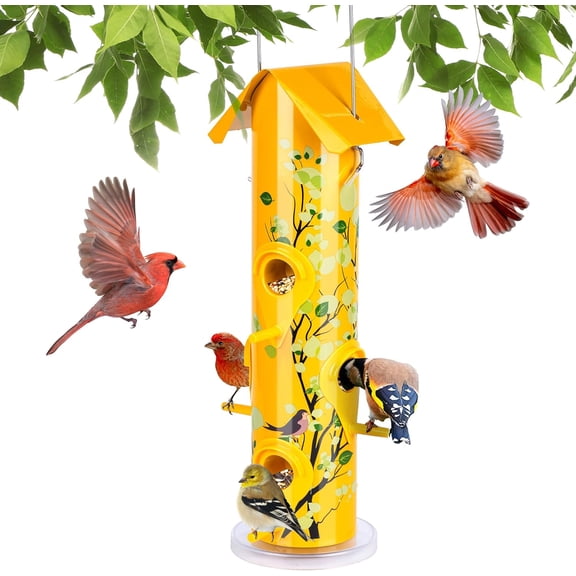 Metal Bird Feeders for Outdoors , 6-Ports Tube Bird Feeder, 14 inch, Durable & Weatherproof, Large Capacity for Attracting Birds (Yellow)