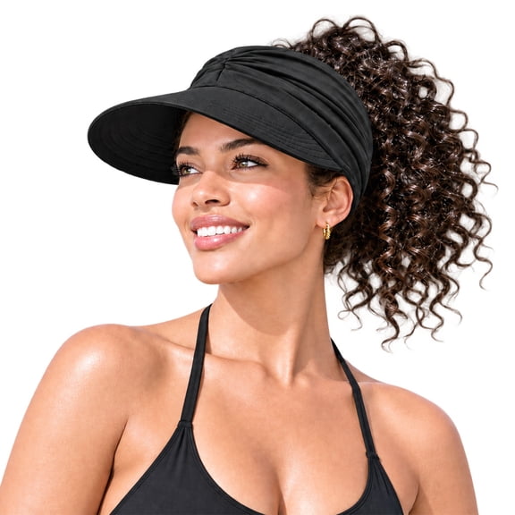 Women's UPF 50 UV Protection Sun Visor Hat, Wide Brim Ponytail Friendly Beach Hat, Lightweight Waterproof Foldable (black)