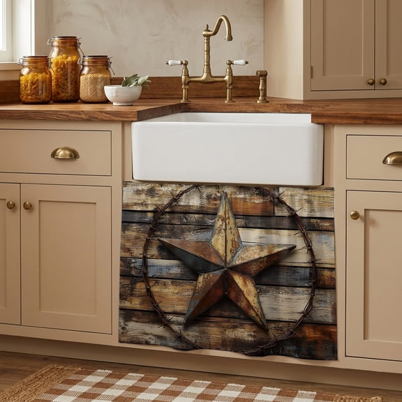 Vintage Farmhouse Cabinet Curtains 27.6"W x 35.4"L, Western Texas Rustic Star Wooden Grain Under Sink Skirt for Bathroom Vanity Kitchen Self Adhesive, Dust-Proof Privacy Curtain for Closet Shelves