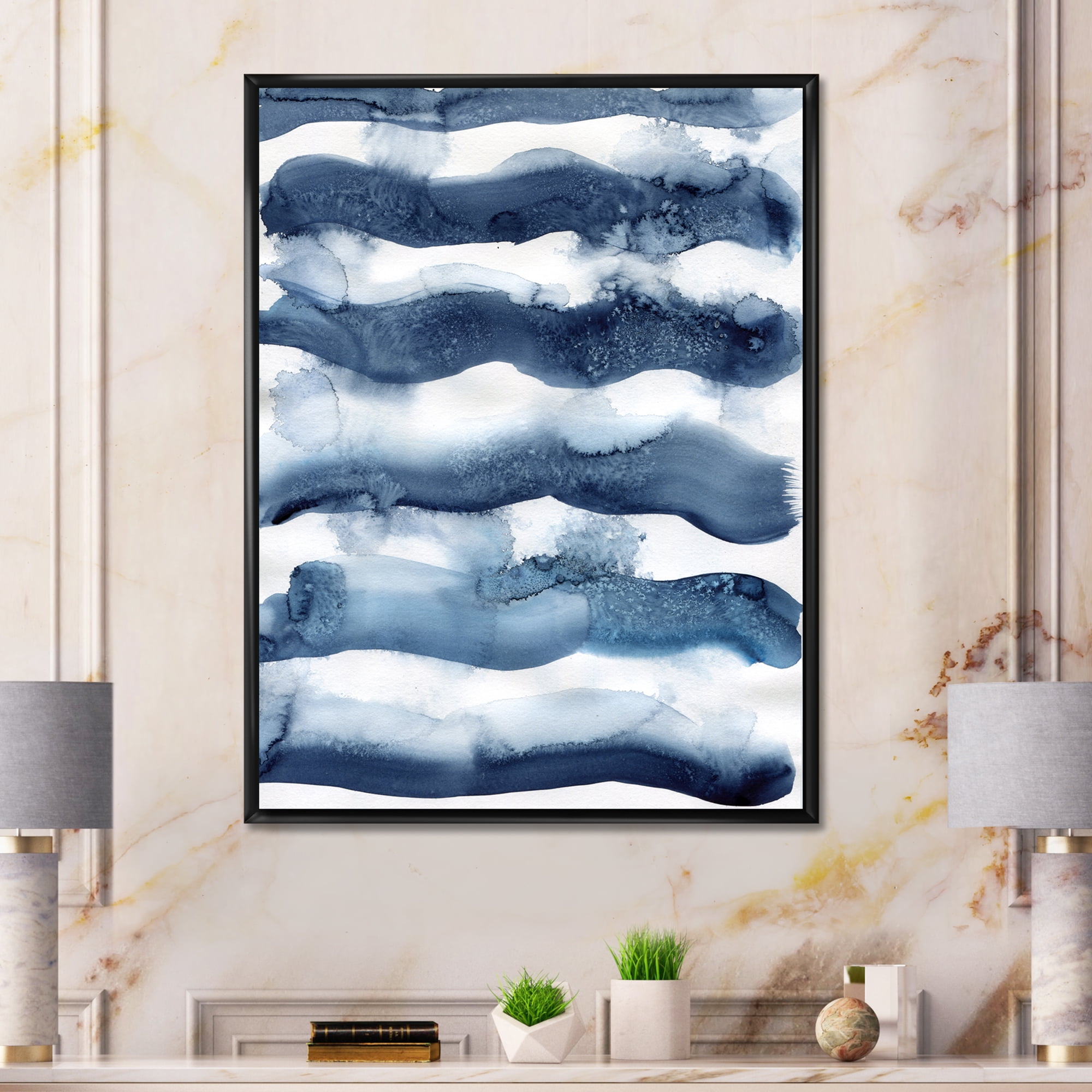 Abstract Blue Classic Waves 24 in x 32 in Framed Painting Canvas Art Print, by Designart