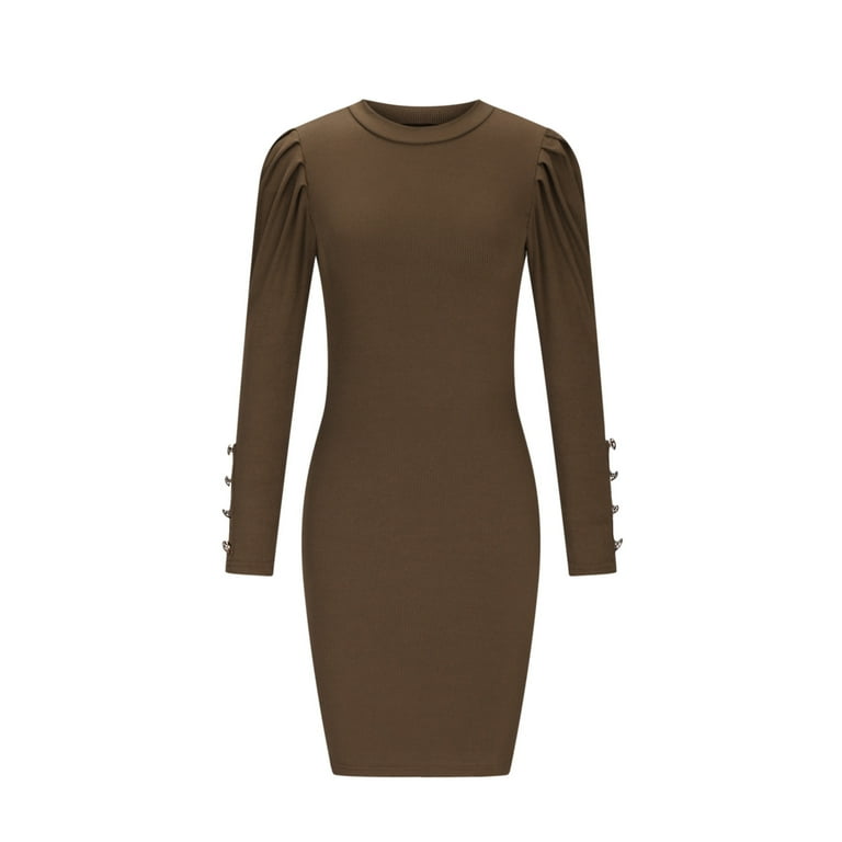 fashion pencil winter dress Safuny Women's Knee Length Pencil Dress Solid Diamond Holiday Elegant Leisure Zipper Long Sleeve Retro Fashion Winter Scoop Neck Fall Dress Coffee XXL