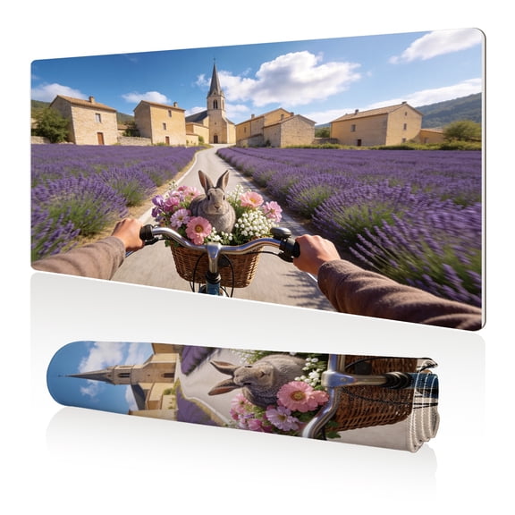 LIVEKEY Mouse Pad Lavender Field Rabbit Bicycle 80x40x0.3cm Extra Large Full Desk Coverage Non Slip Durable Easy Clean Stitched Edges for Gaming and Office