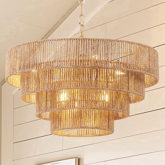 YANSUN 19.7 in 6-Light Boho Rattan Lighting Chandelier, Hand-Woven 4-Tier Natural Pendant for Living Room Dining Room Kitchen Bedroom