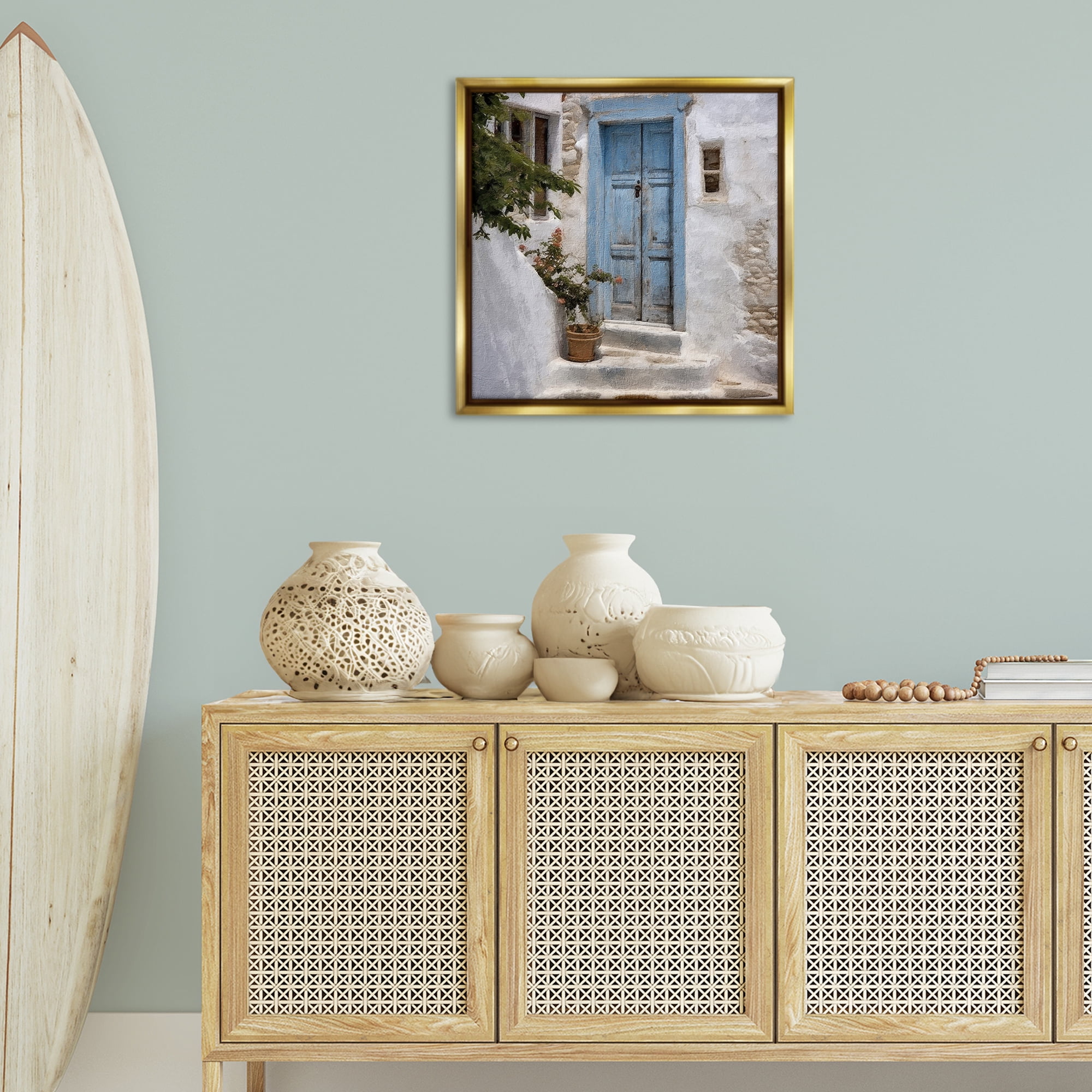 Stupell Industries Blue Greek Door Town & City Painting Gold Floater Framed Canvas Art Print Wall Art, 25 x 25