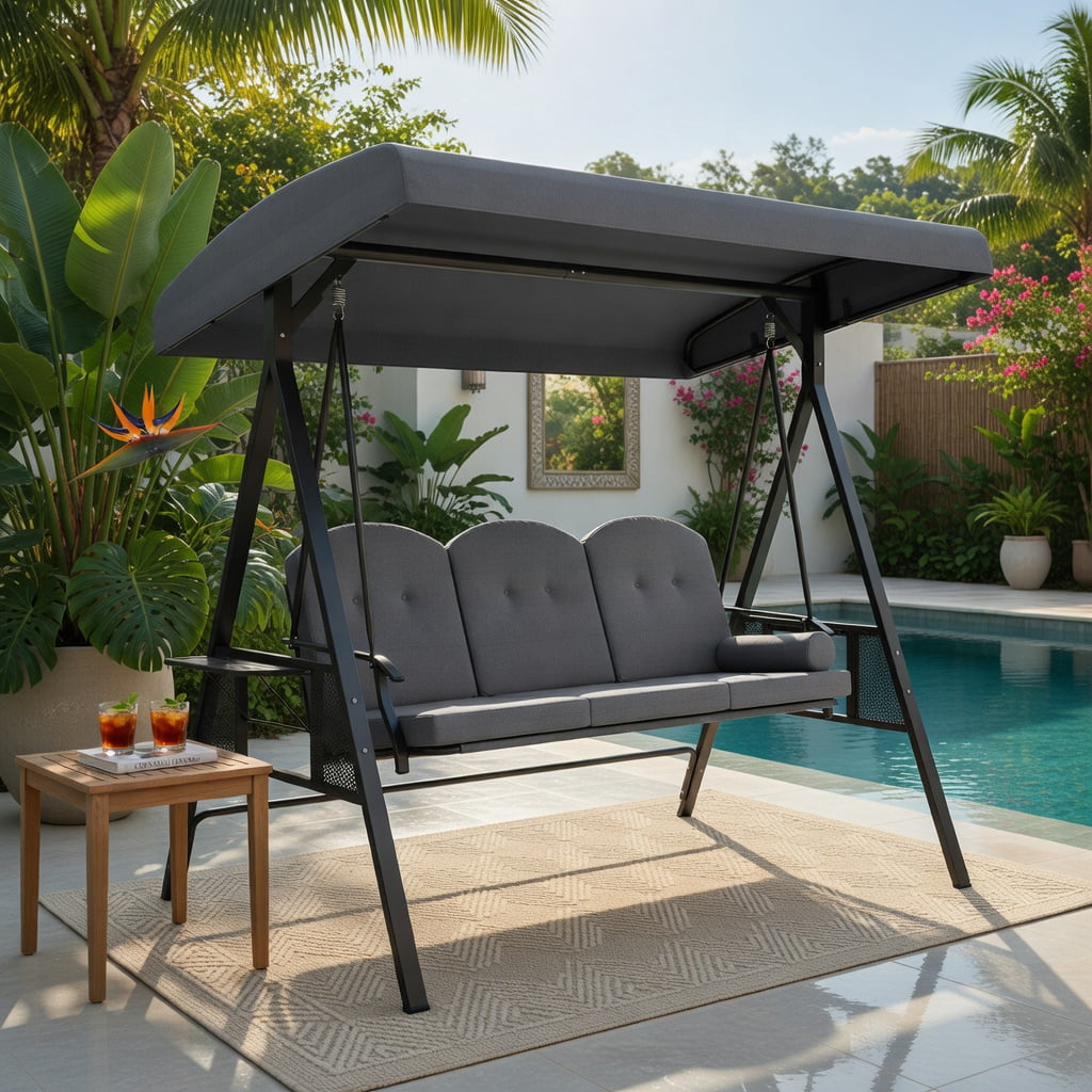 Hommoo 3-Person Outdoor Patio Swing Chair with Adjustable 60° Canopy, Thick Cushions, Foldable Side Trays & Heavy-Duty Steel Frame, Gray