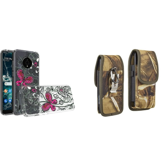 Case and Pouch Bundle for Nokia C200: Slim Series TPU Protector Case (Pink Butterfly) and Vertical Rugged Nylon Belt Holster (Camo)