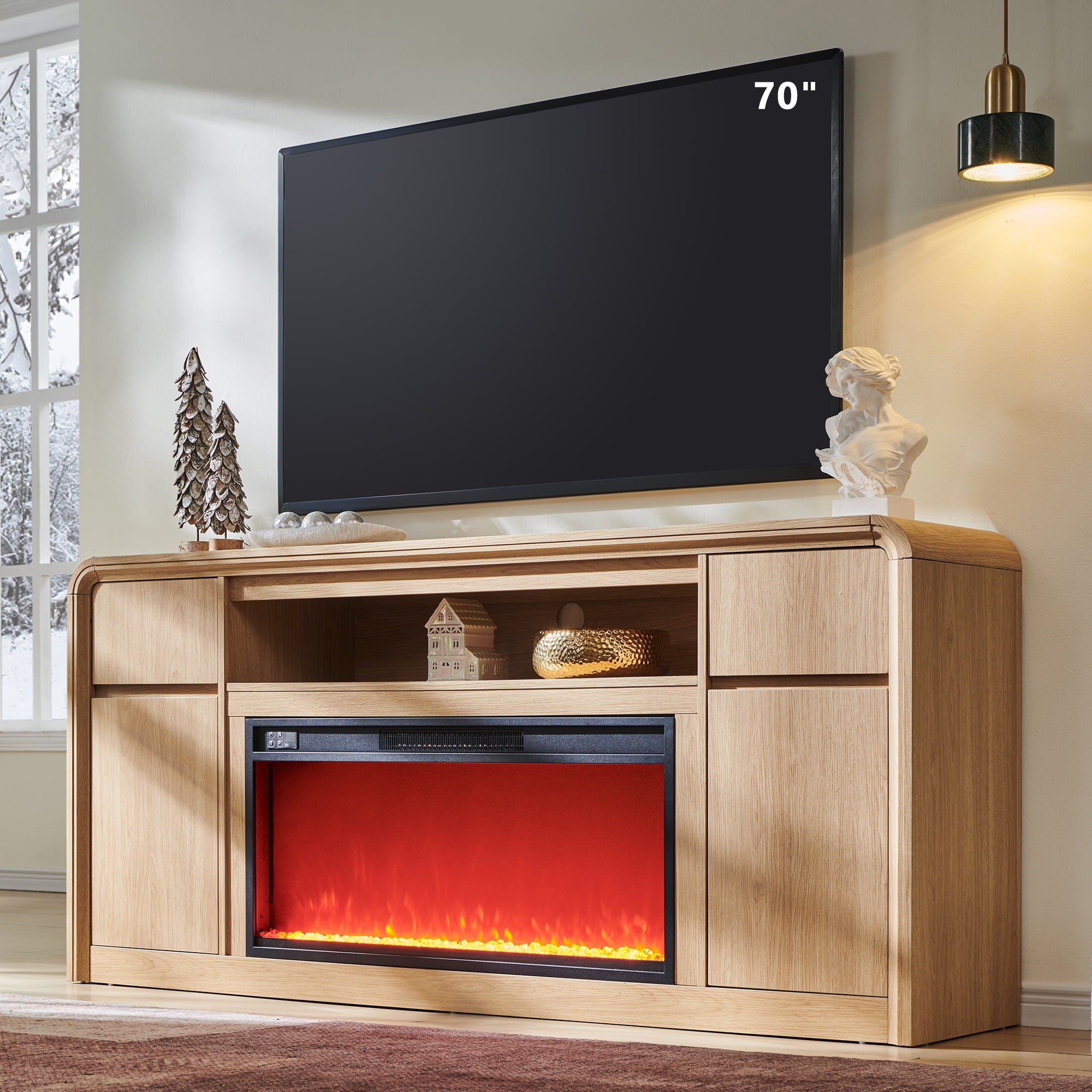 Modern Fireplace TV Stand for 75 inches TV, 36" Electric Fireplace w/ Wood Media Console, 32" Tall Entertainment Center & Adjustable Shelves for Living Room, Curved Profile Design
