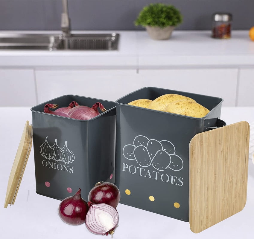 Brabtod 2 Pack Kitchen Storage Container,Potato Onion Storage Canister,Metal Vegetable Fresh Keeper Caddy,Kitchen Pantry Organizer Jars with Bamboo Lid and Aerating Holes,Gray