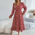 thumbnail image 4 of Generic Women's Floral Print Dress Long Sleeve V Neck Elastic Waist Ruffle A-Line Flowy Maxi Dresses Cocktail Fall Dress, 4 of 7
