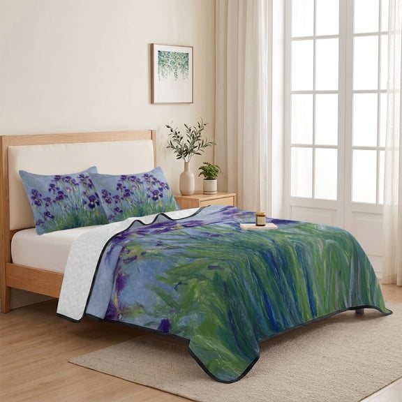 Spring Purple Irises Full Size Quilt Set Lightweight Bedspread Coverlet Set, Rustic Floral Flower Green Leaves Botanical Quilted Bedding Cover with 2 Pillow Shams for All Season Layering 78"x90"