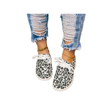 

Shakub Womens Leopard Printed Casual Lace Up Flats Shoes Walking Sports Slip On Soft Sneakers