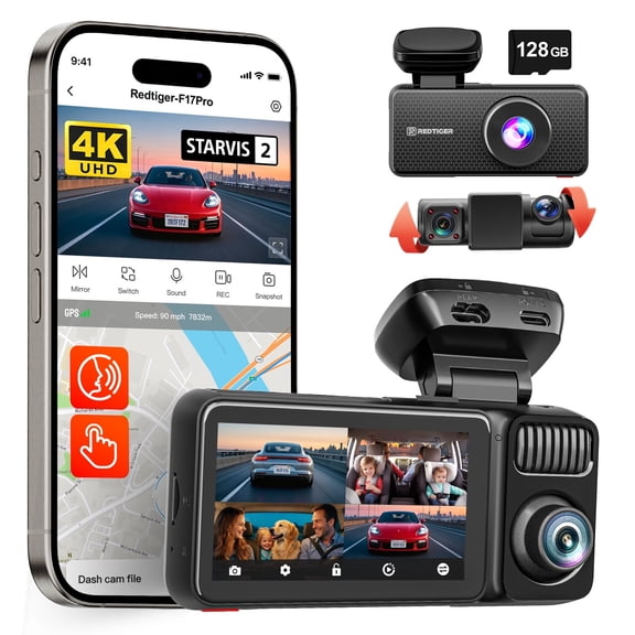 REDTIGER 4 Channel Dash Cam, 2.7K Front 1080P Inside & Rear, STARVIS 2, 360° Car Camera with IR Night Vision, 5GHz WiFi GPS, Touch Screen, Voice Control, Parking Mode, Free 128GB Card