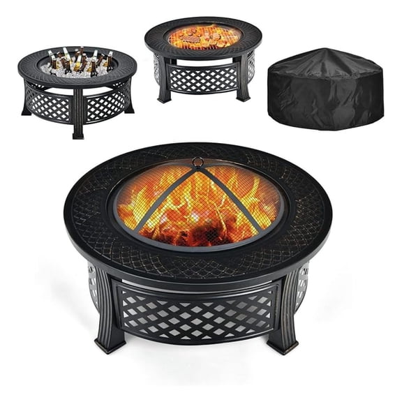 3 in 1 , 32" Outdoor Wood Burning , Multifunctional Round Firepit Stove, Metal Fire Bowl with Cover, Portable for Outside Heating, , Picnic, Grill
