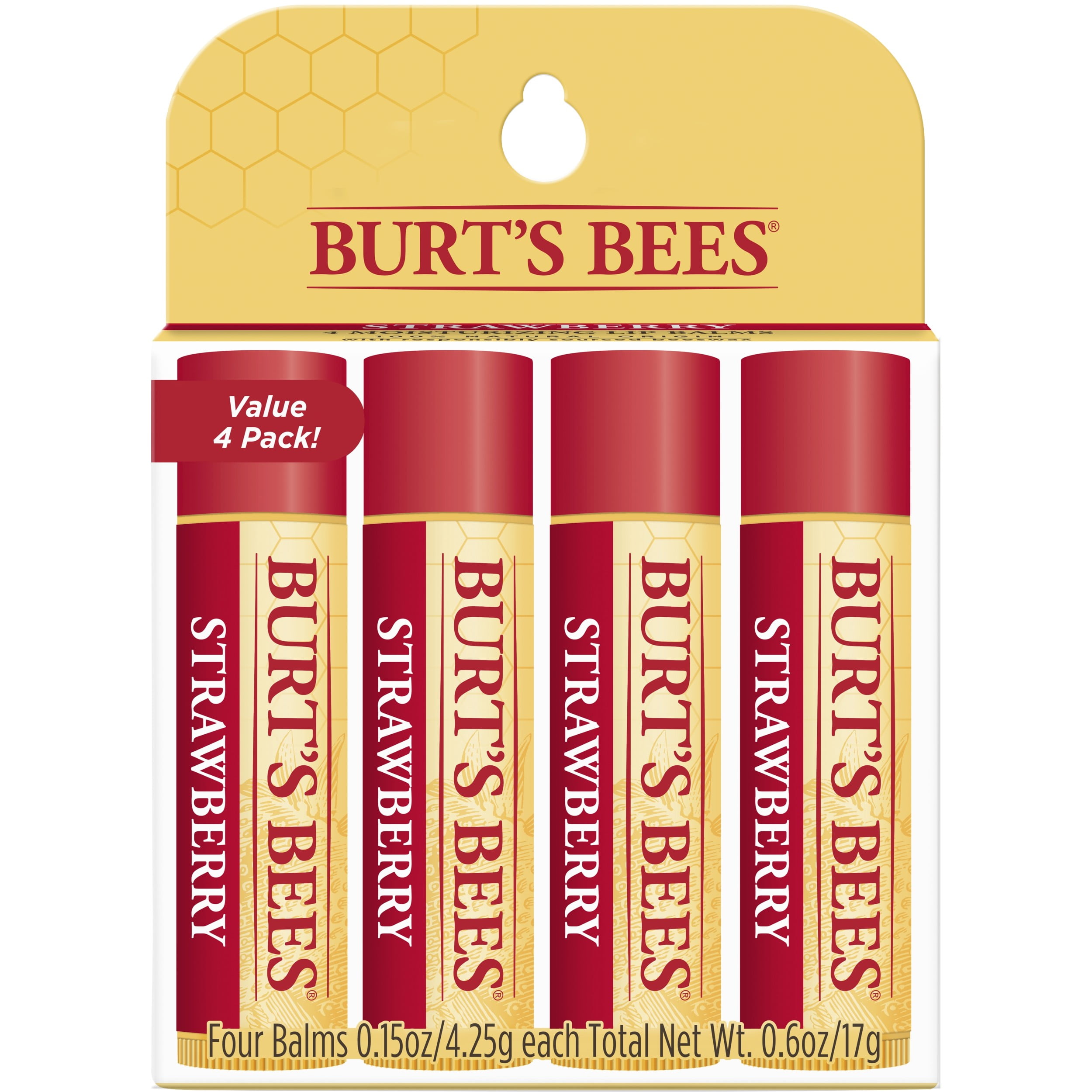 Burt's Bees 100 Natural Moisturizing Lip Balm, Strawberry, 4 Count
